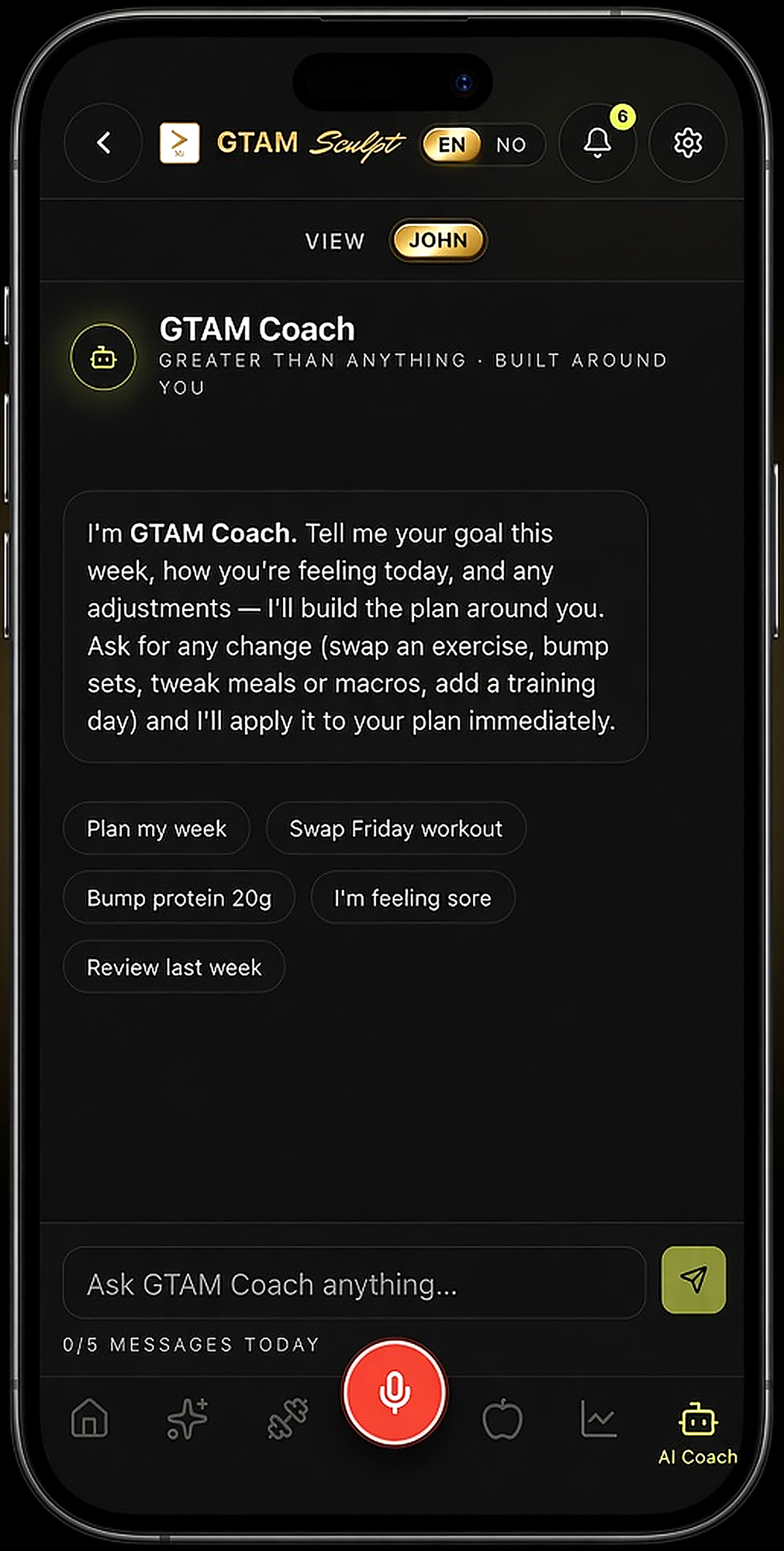 GTAM Coach editing a member's weekly fitness plan inside the real app