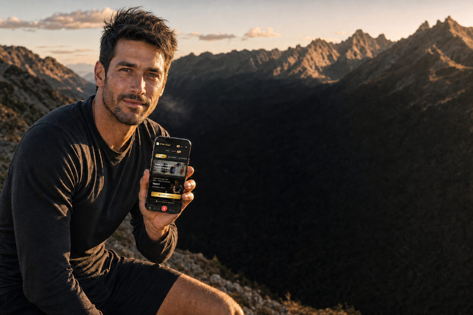 Coach on a mountain ridge at sunrise holding a phone running GTAM Sculpt
