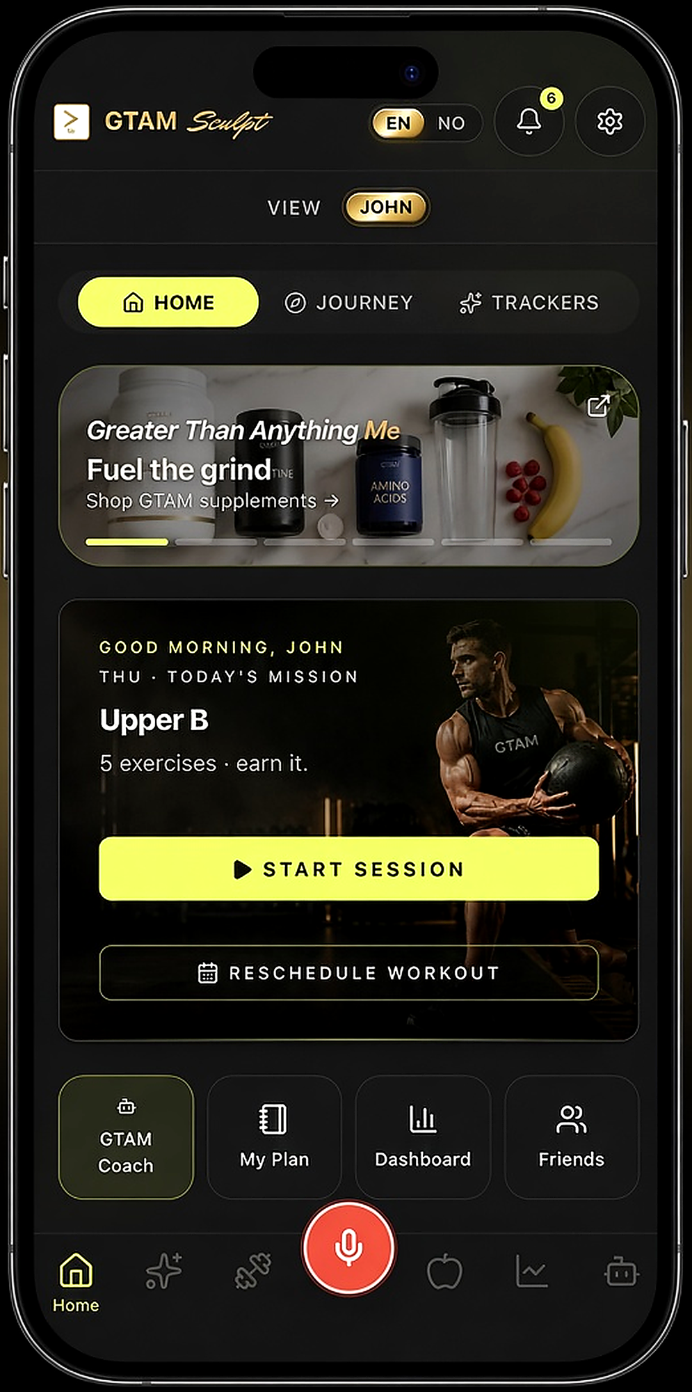 GTAM Sculpt home screen showing today's workout and voice logging