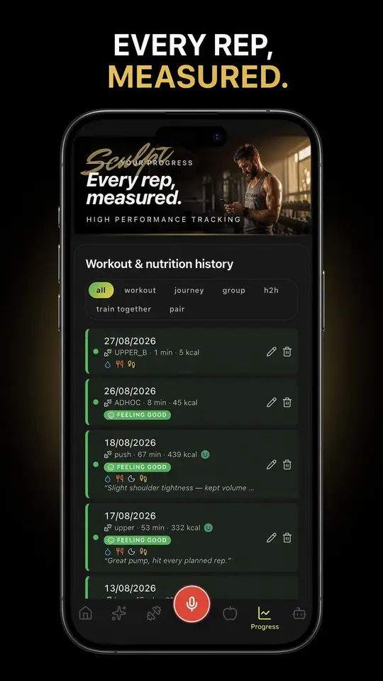 GTAM Sculpt history — every rep measured with a dated workout and nutrition activity feed