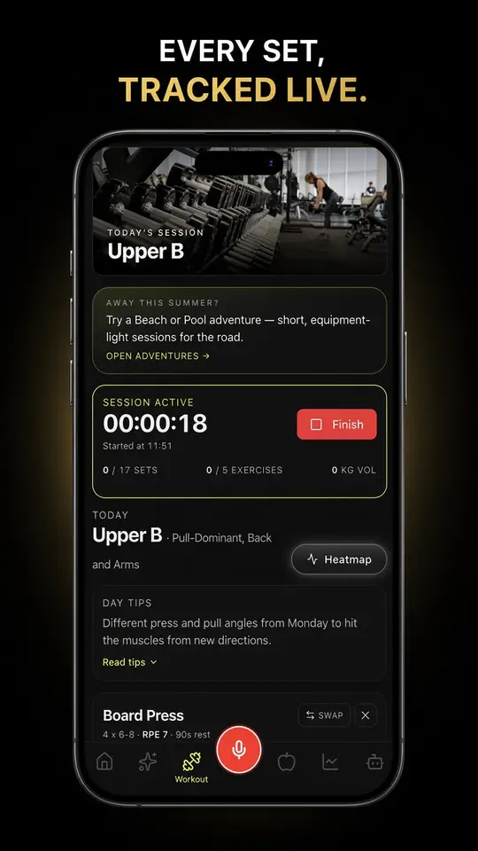 GTAM Sculpt workout screen — every set tracked live with timer, volume, and exercise cues